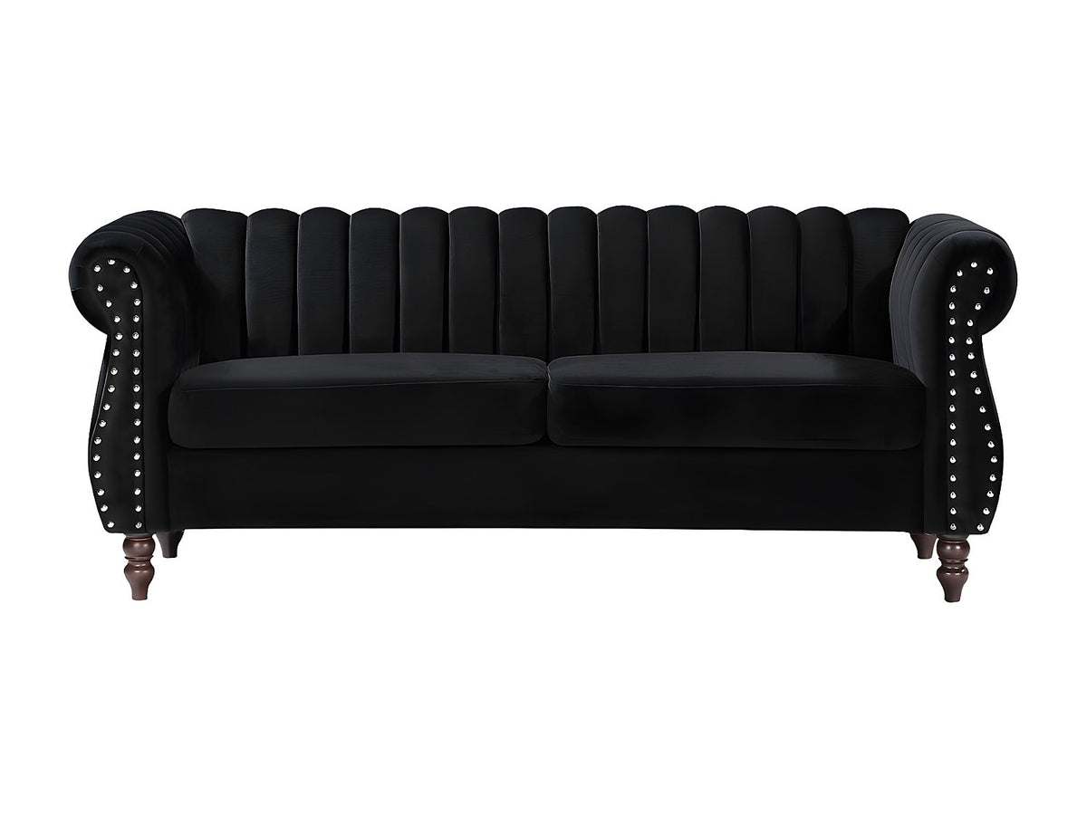 Détail du velours noir strié du canapé chesterfield TRUMBO