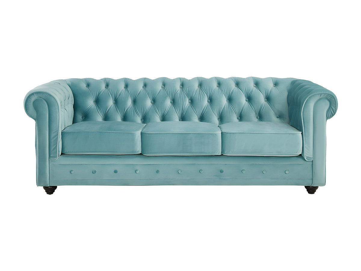 Capitonnage du canapé chesterfield JUDSON 3 places velours bleu ciel