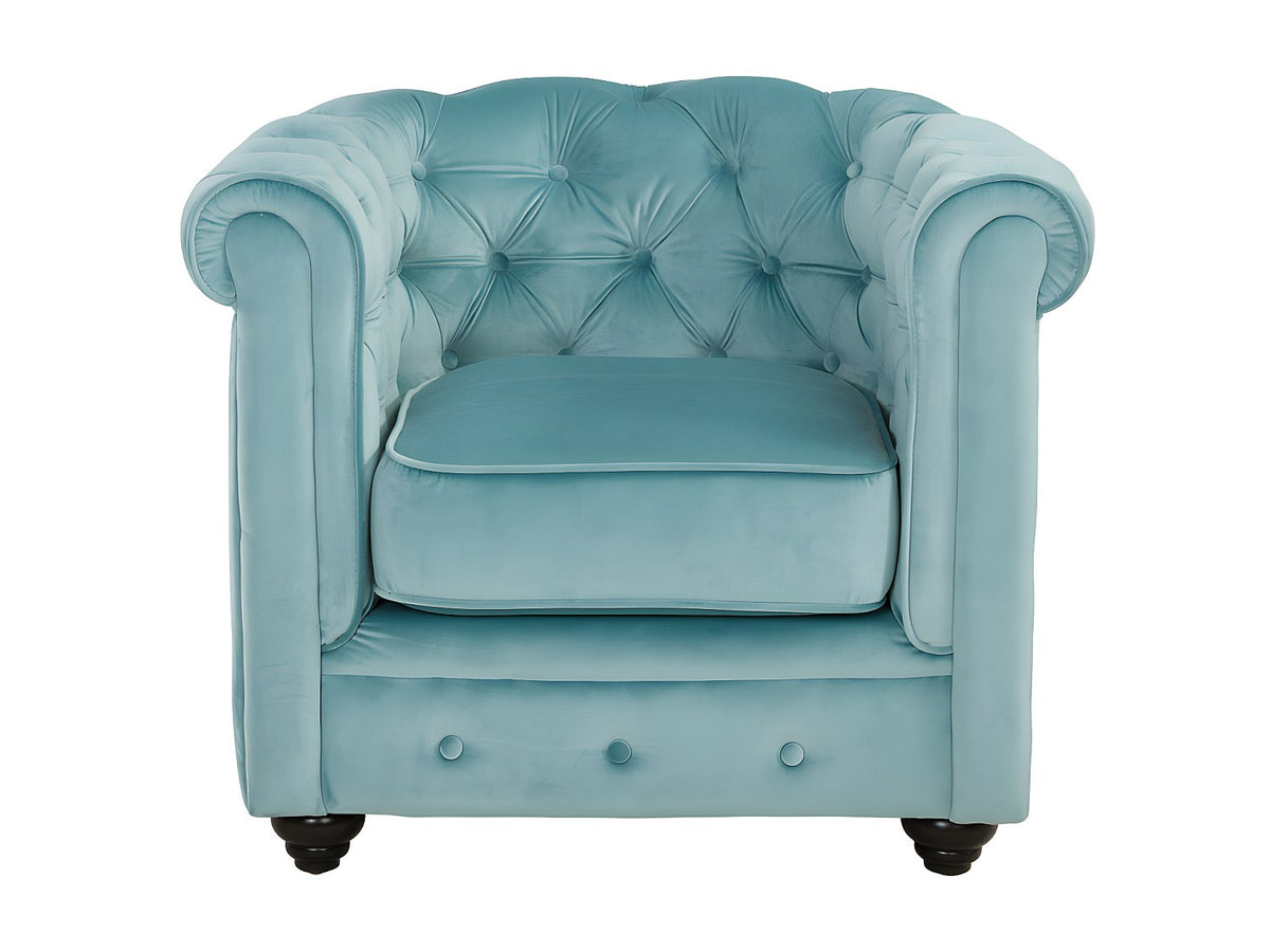 Capitonnage boutonné du fauteuil chesterfield AVALON bleu ciel