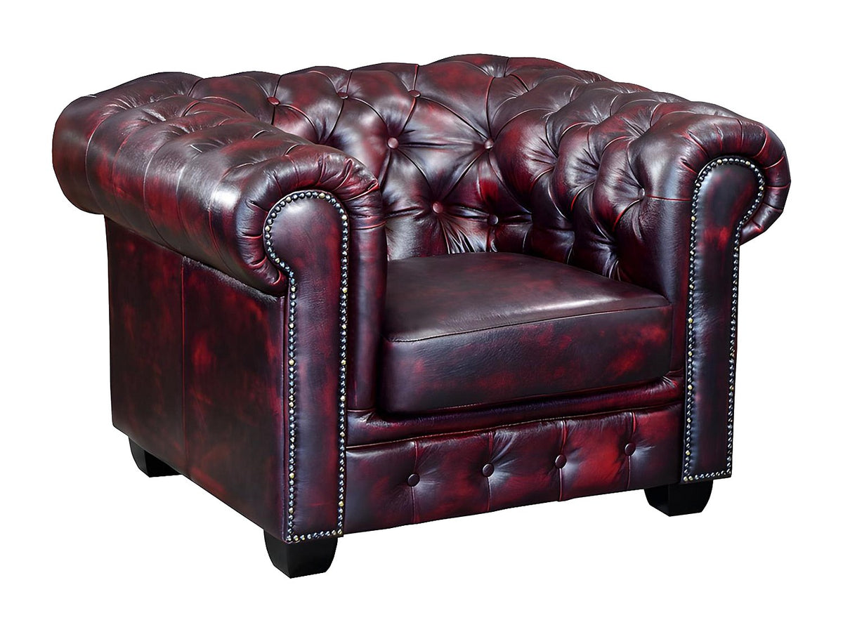 Vue d'ensemble du fauteuil club chesterfield BRENTON en cuir bordeaux
