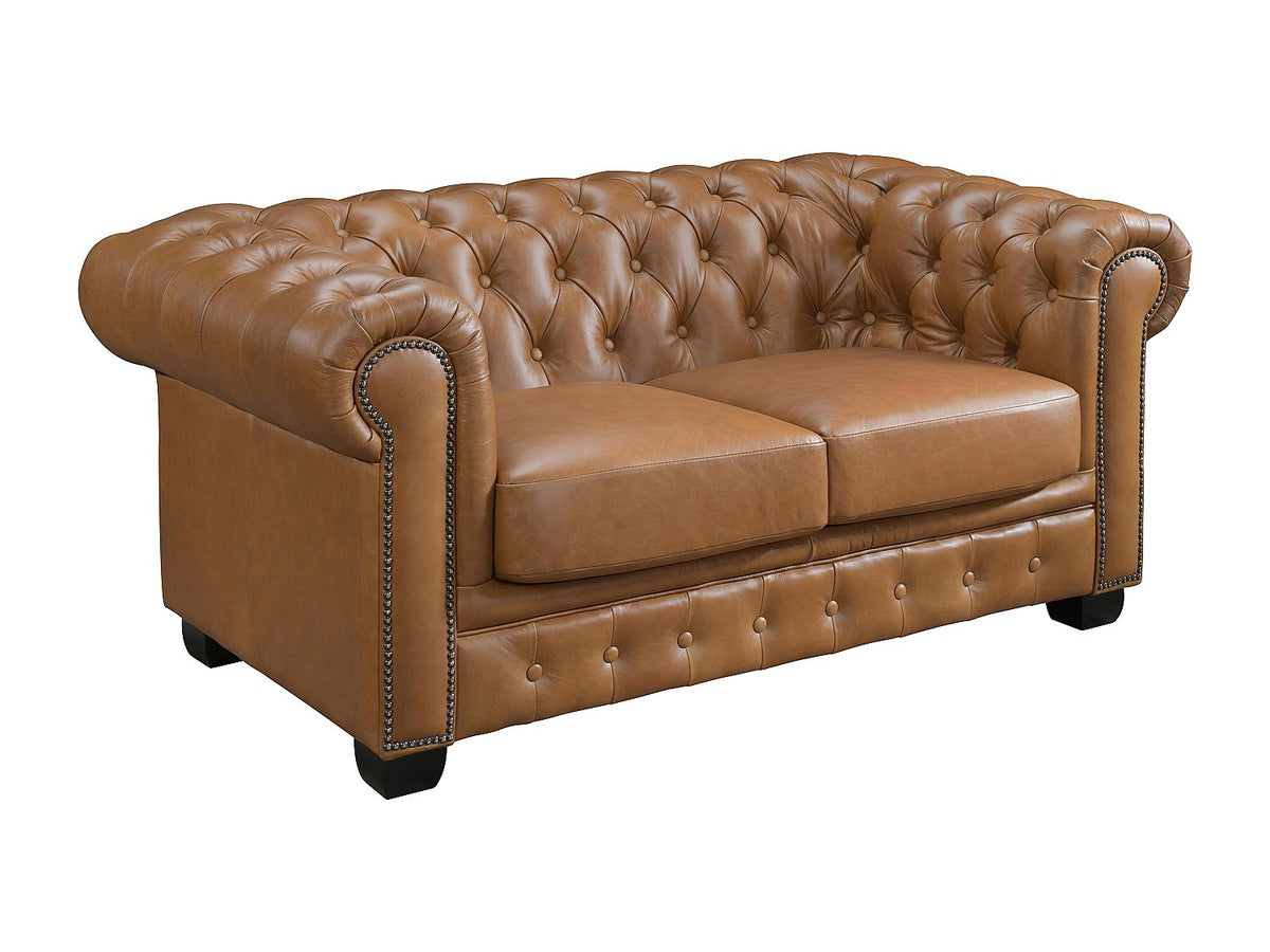 Vue d'ensemble du canapé chesterfield vintage BRENTON 2 places camel