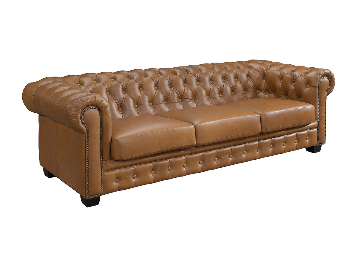 Vue d'ensemble du canapé chesterfield vintage BRENTON 4 places cuir camel