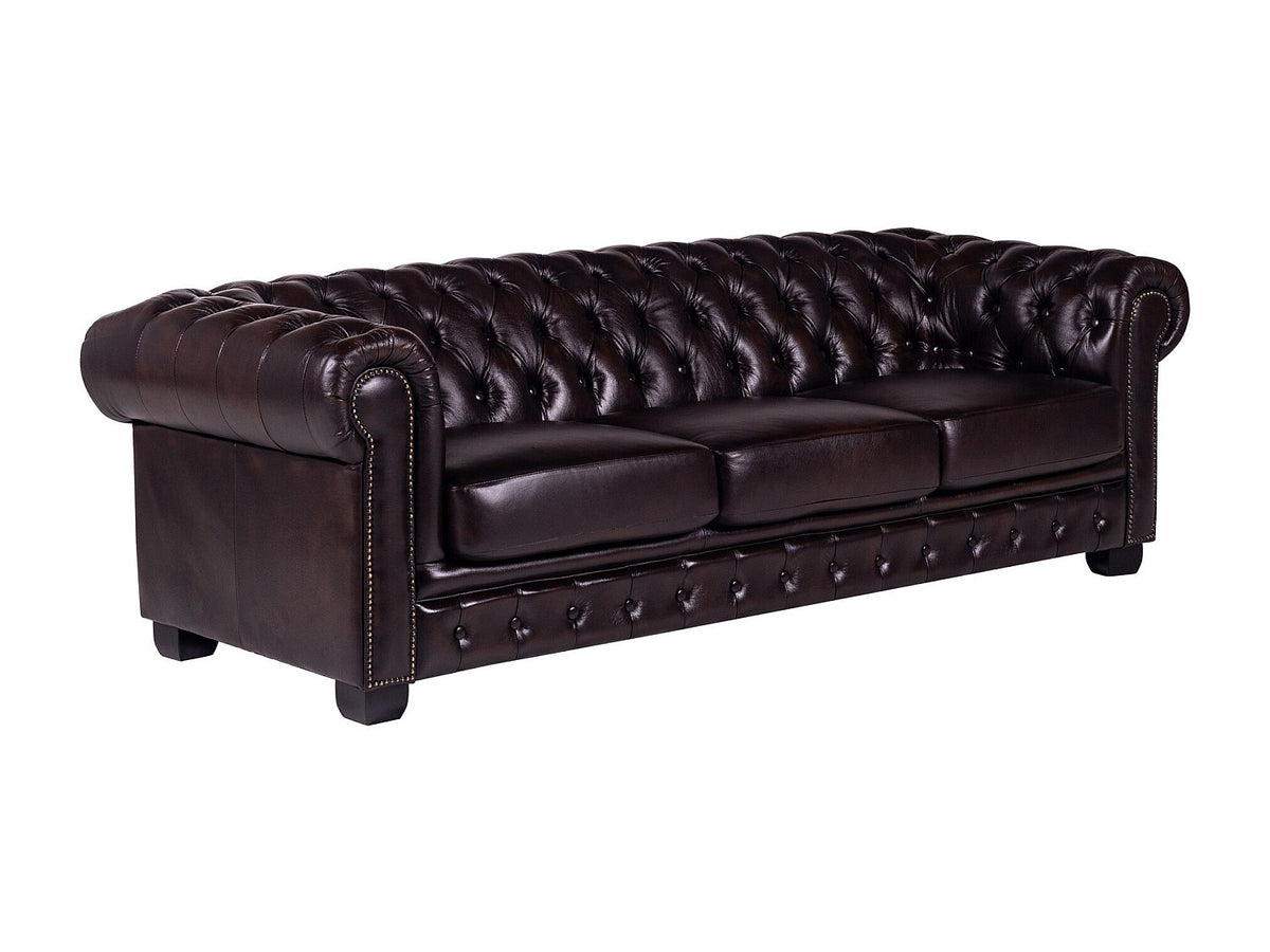 Capitonnage et accoudoirs cloutés du canapé chesterfield BRENTON marron chocolat