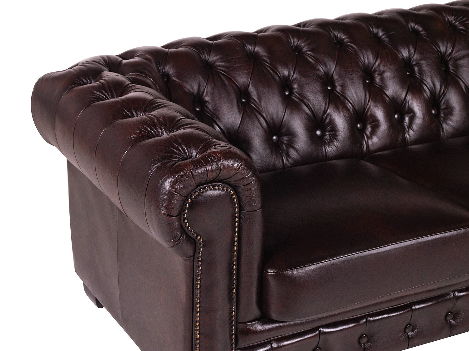Détail du cuir de buffle pleine fleur bordeaux du canapé chesterfield BRENTON