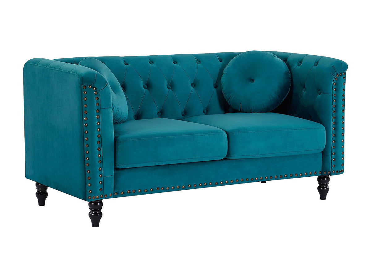 Accoudoirs arrondis du canapé chesterfield TURNER 2 places velours bleu canard