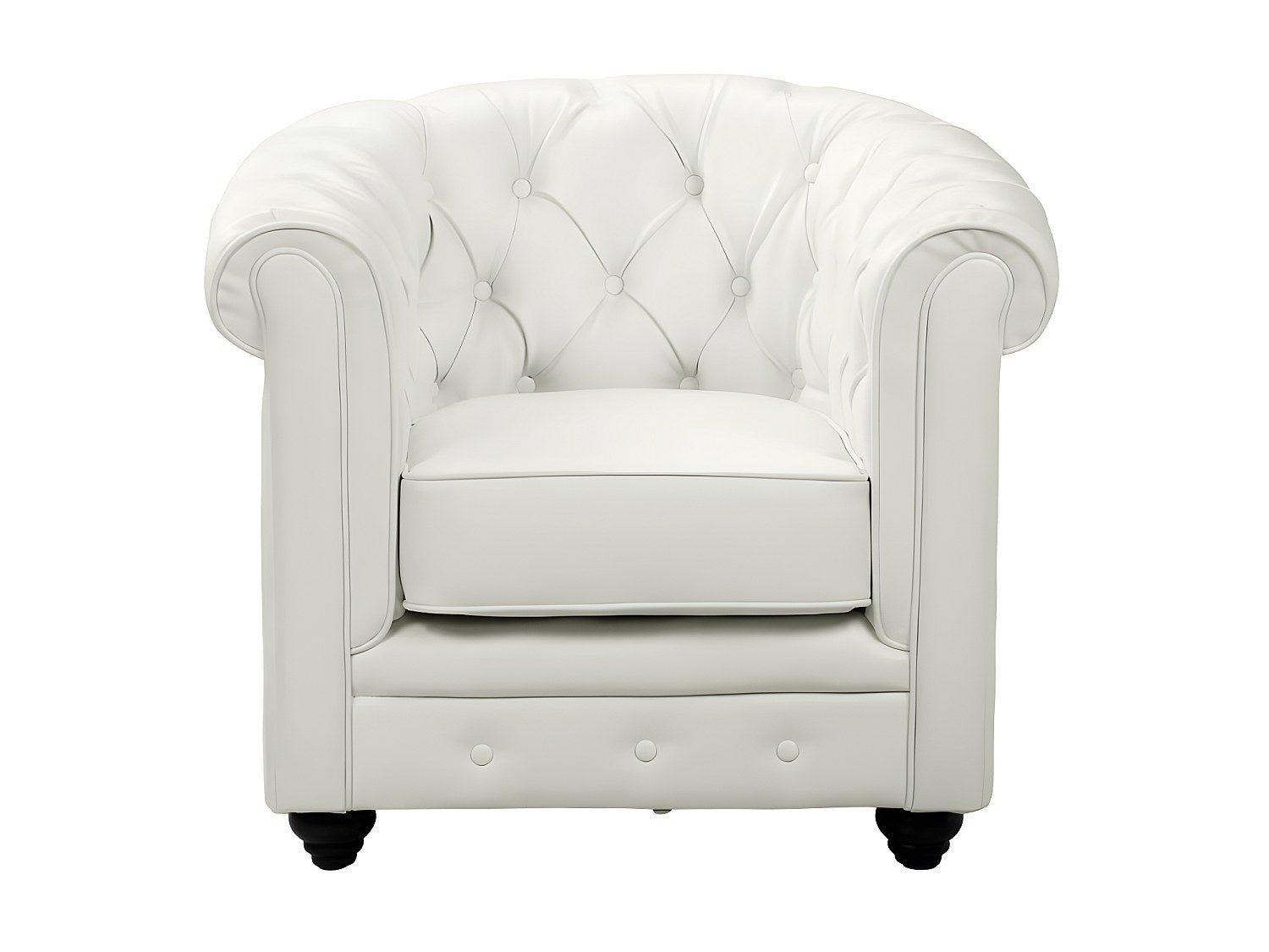 Capitonnage du fauteuil chesterfield IRVING en simili cuir blanc