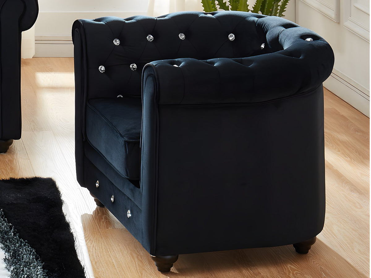 Vue d'ensemble du lot de 2 fauteuils chesterfield CRYSTAL en velours noir