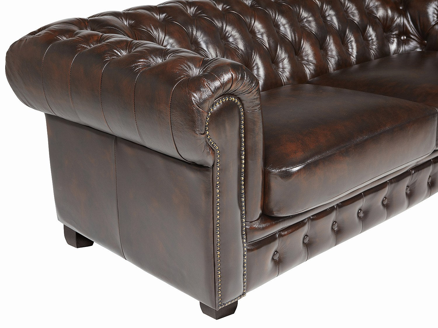 Canapé chesterfield BRENTON 3 places cuir chocolat vu de trois quarts