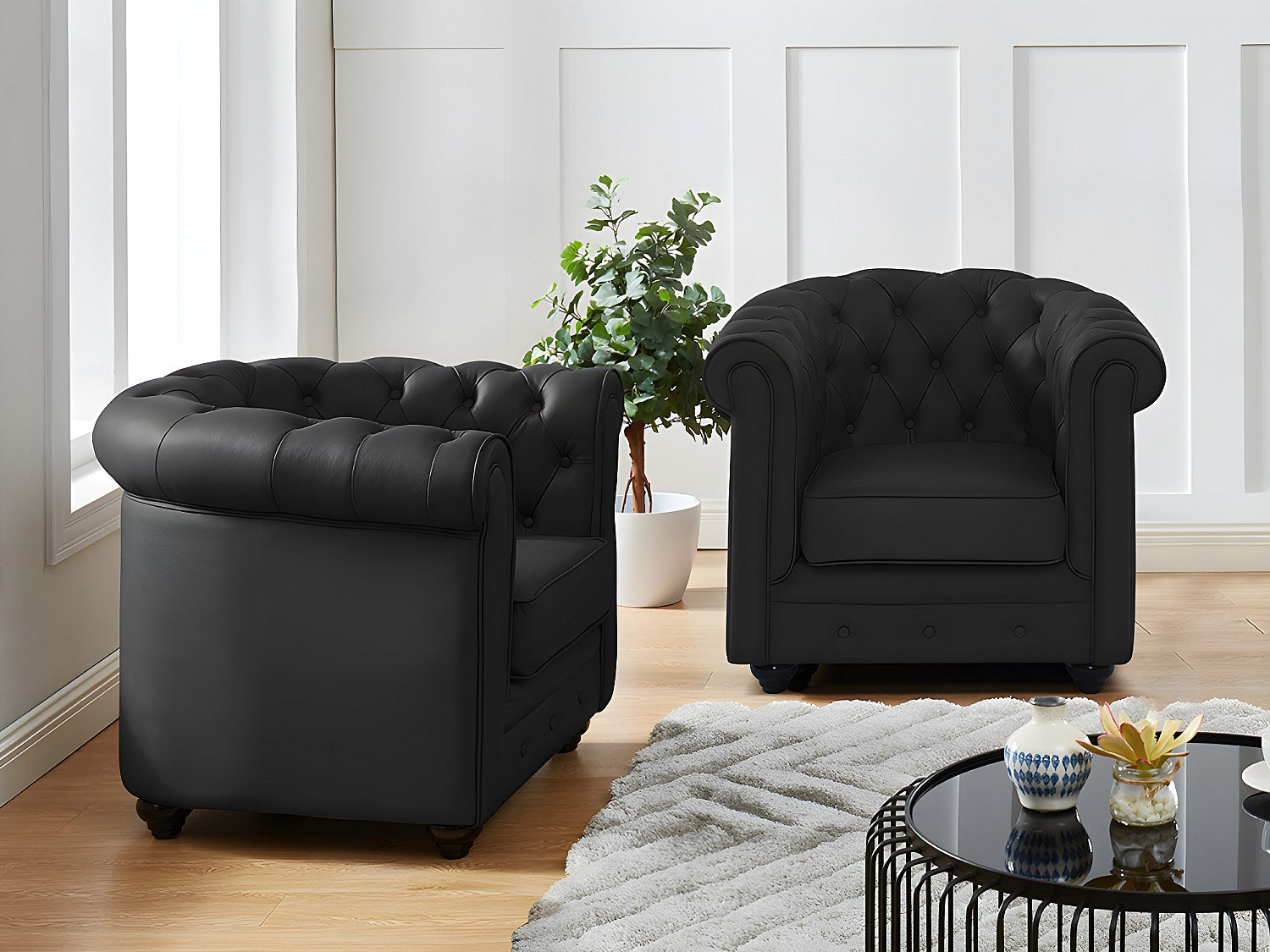 Lot de 2 fauteuils chesterfield en cuir de buffle noir - BEAUMONT