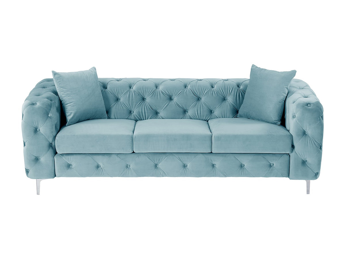 Capitonnage du canapé chesterfield EDWINA 3 places velours bleu ciel