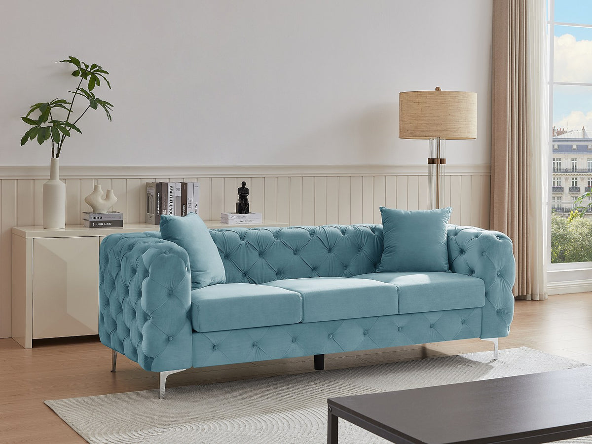 Canapé chesterfield 3 places en velours bleu ciel - EDWINA