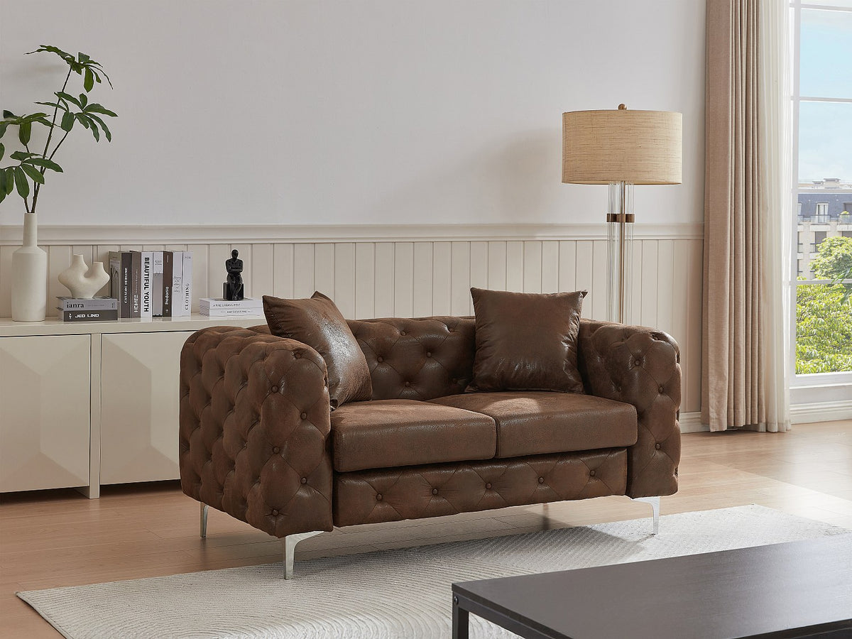 Canapé chesterfield 2 places en microfibre marron - EDWINA