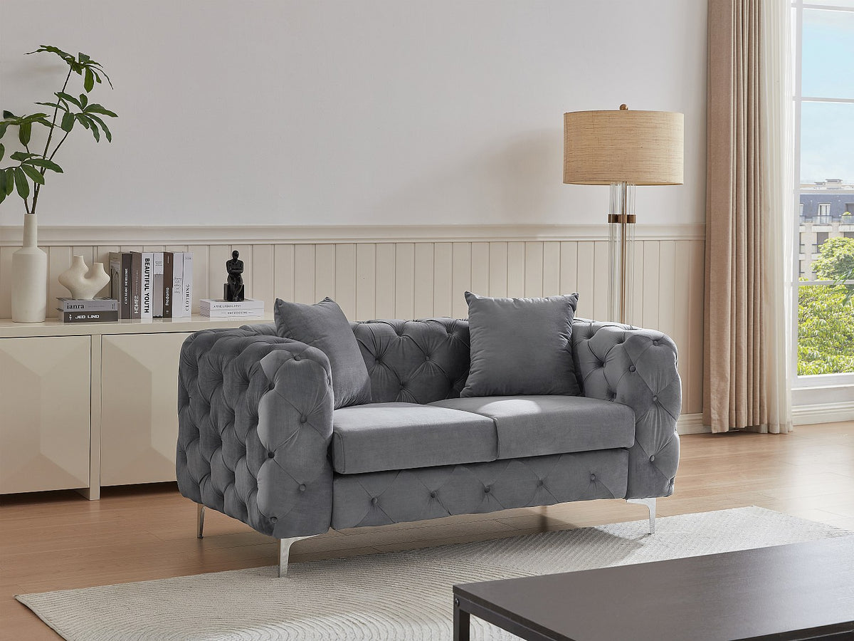 Canapé chesterfield 2 places en velours gris anthracite - EDWINA