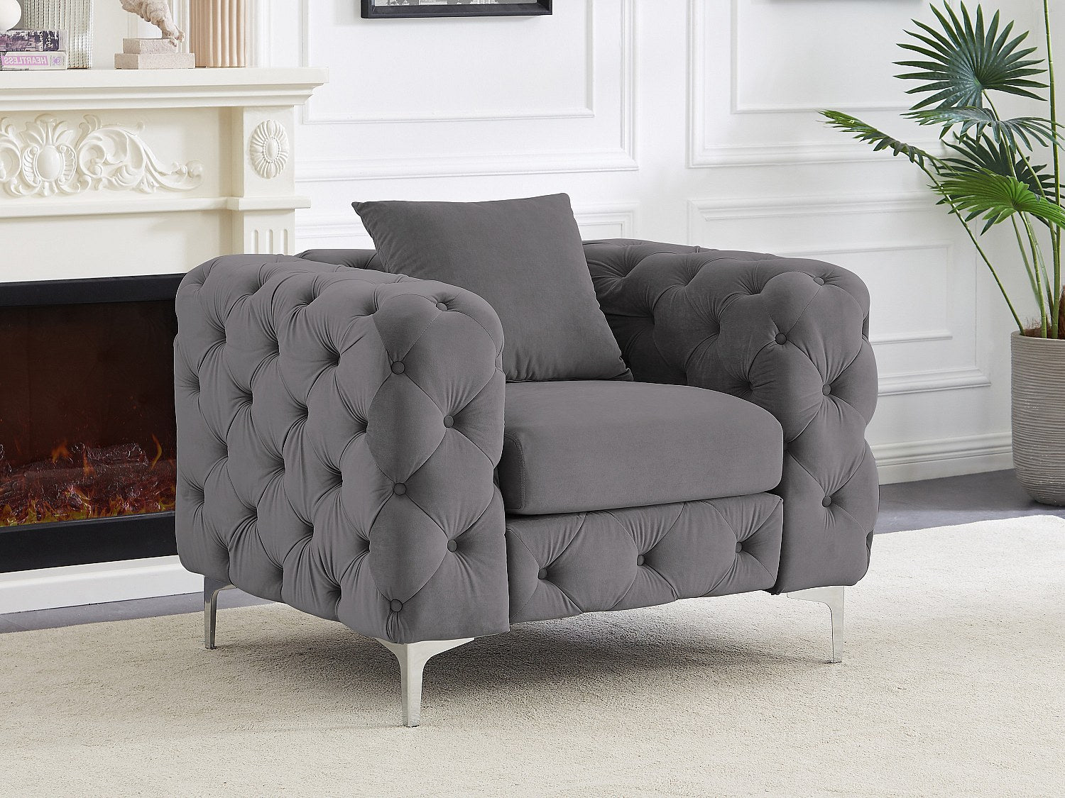 Fauteuil chesterfield 1 place en velours gris anthracite - EDWINA