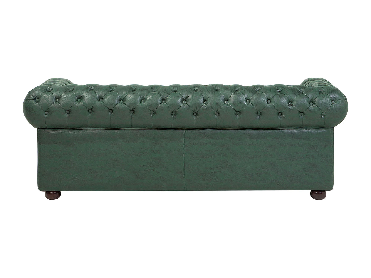 Détail du simili cuir vert du canapé chesterfield BRAMPTON