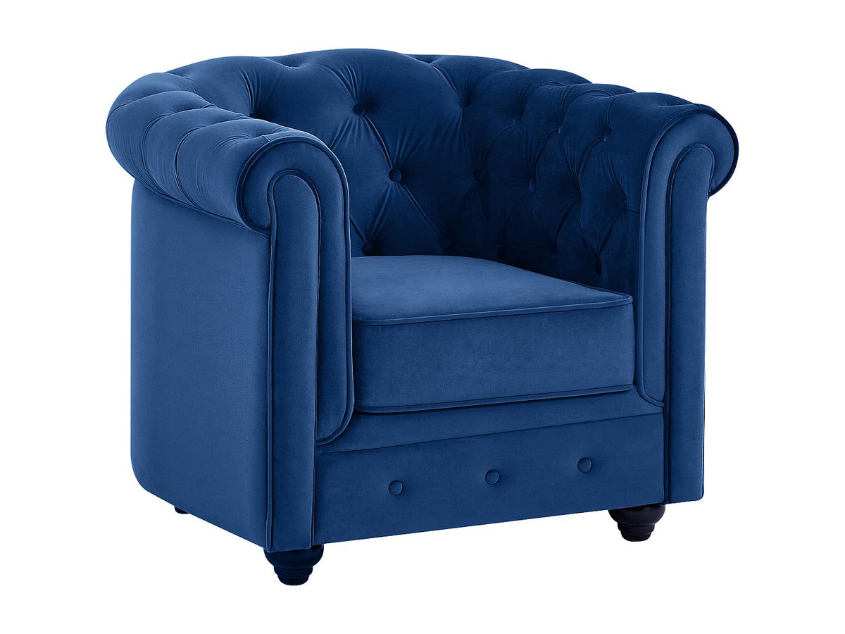 Vue d'ensemble du fauteuil chesterfield WICKHAM 1 place bleu roi