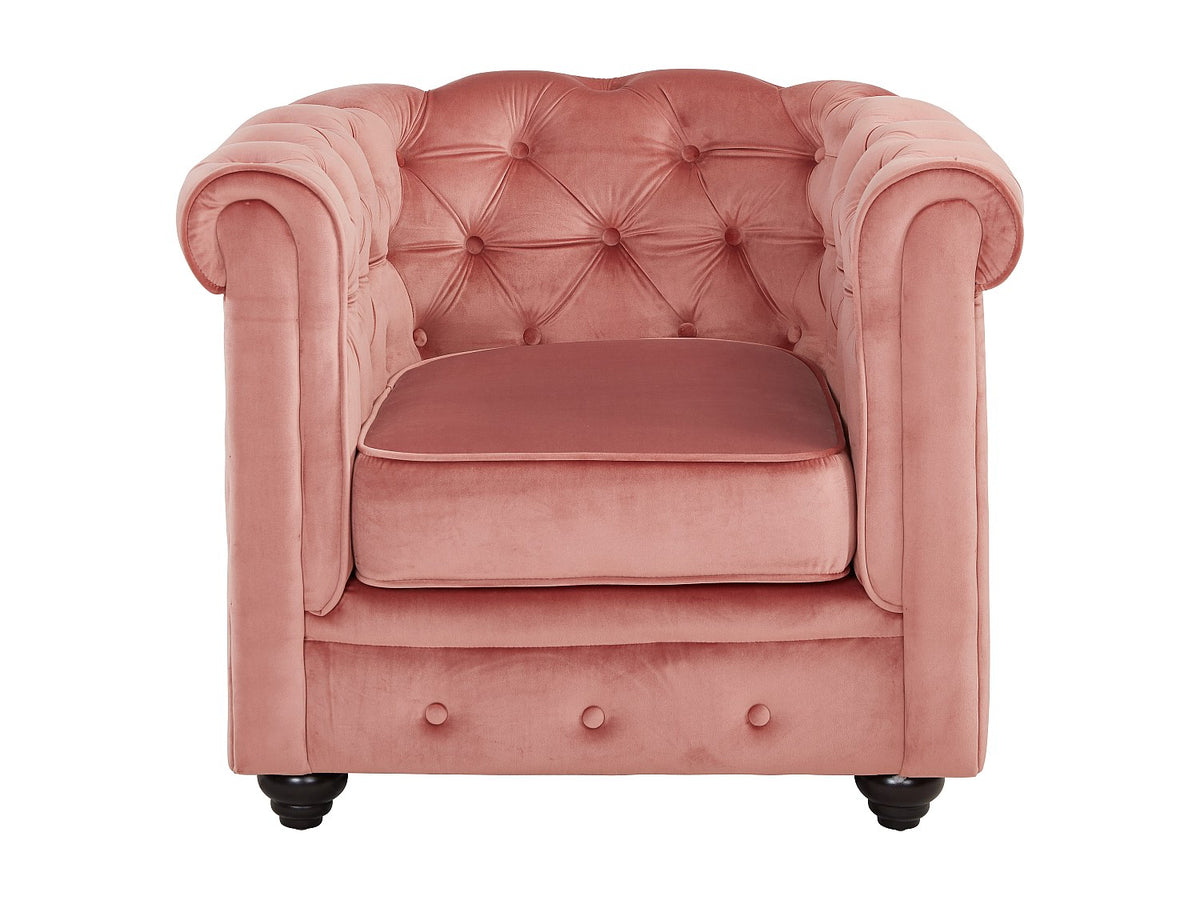 Capitonnage du fauteuil chesterfield ROSEDALE en velours rose poudré