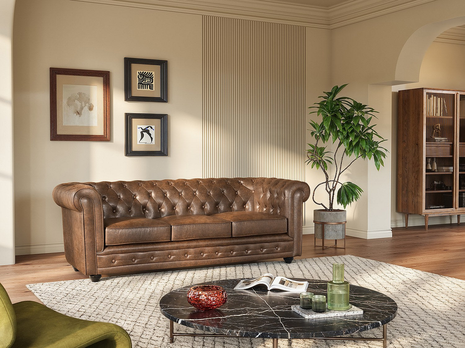 Vue d'ensemble du canapé chesterfield CARLTON 3 places microfibre marron