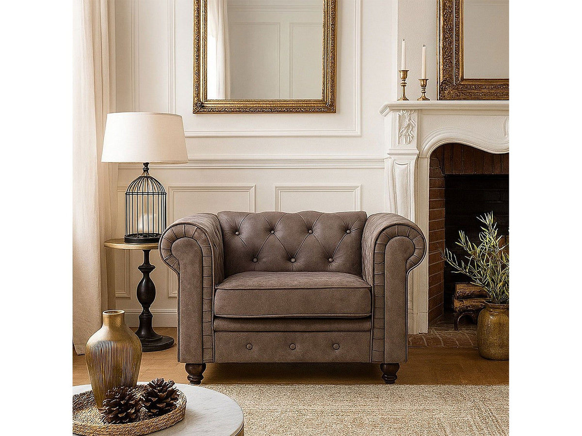 Capitonnage du grand fauteuil chesterfield WINDSOR en microfibre marron
