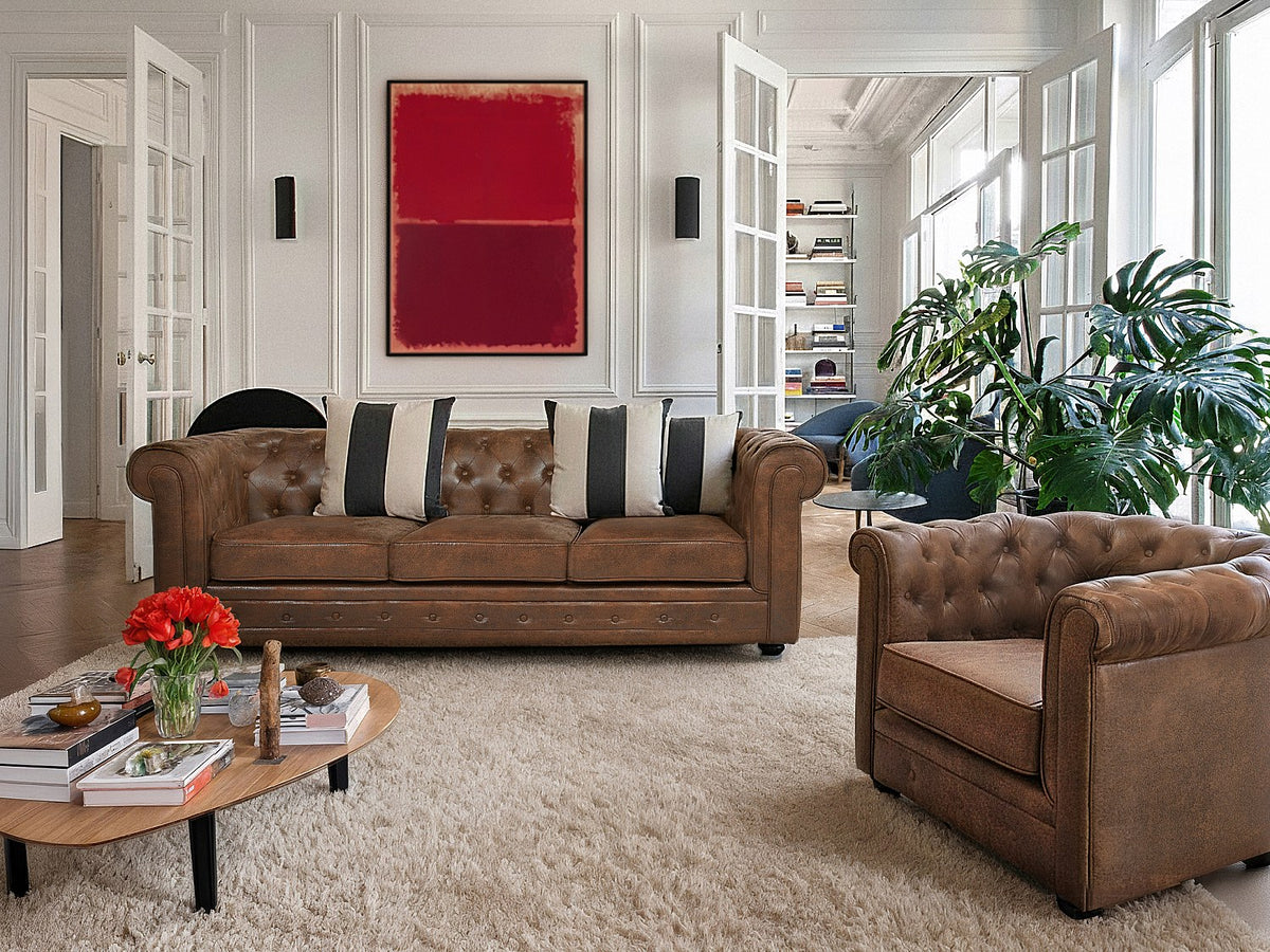 Vue d'ensemble du fauteuil chesterfield CARLTON microfibre vieillie