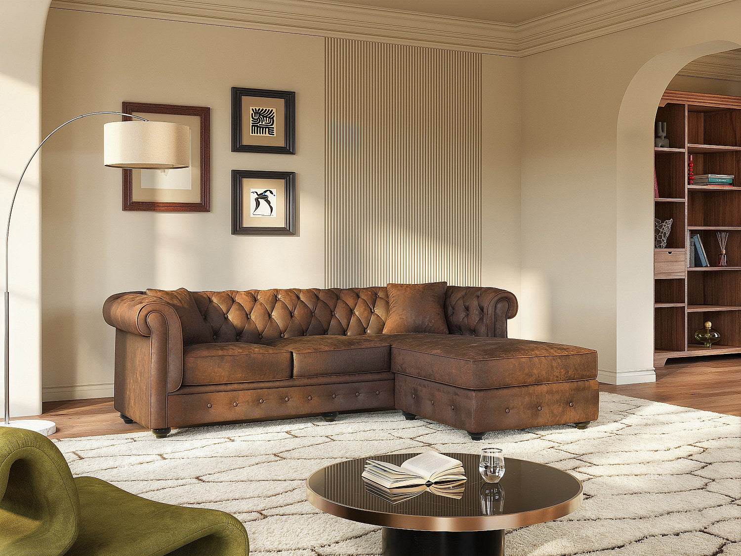 Capitonnage vieilli du canapé d'angle chesterfield TOLEDO marron chocolat