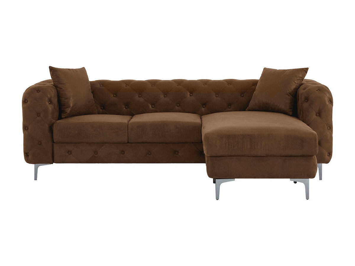 Capitonnage du canapé d'angle chesterfield EDWINA microfibre marron vieilli