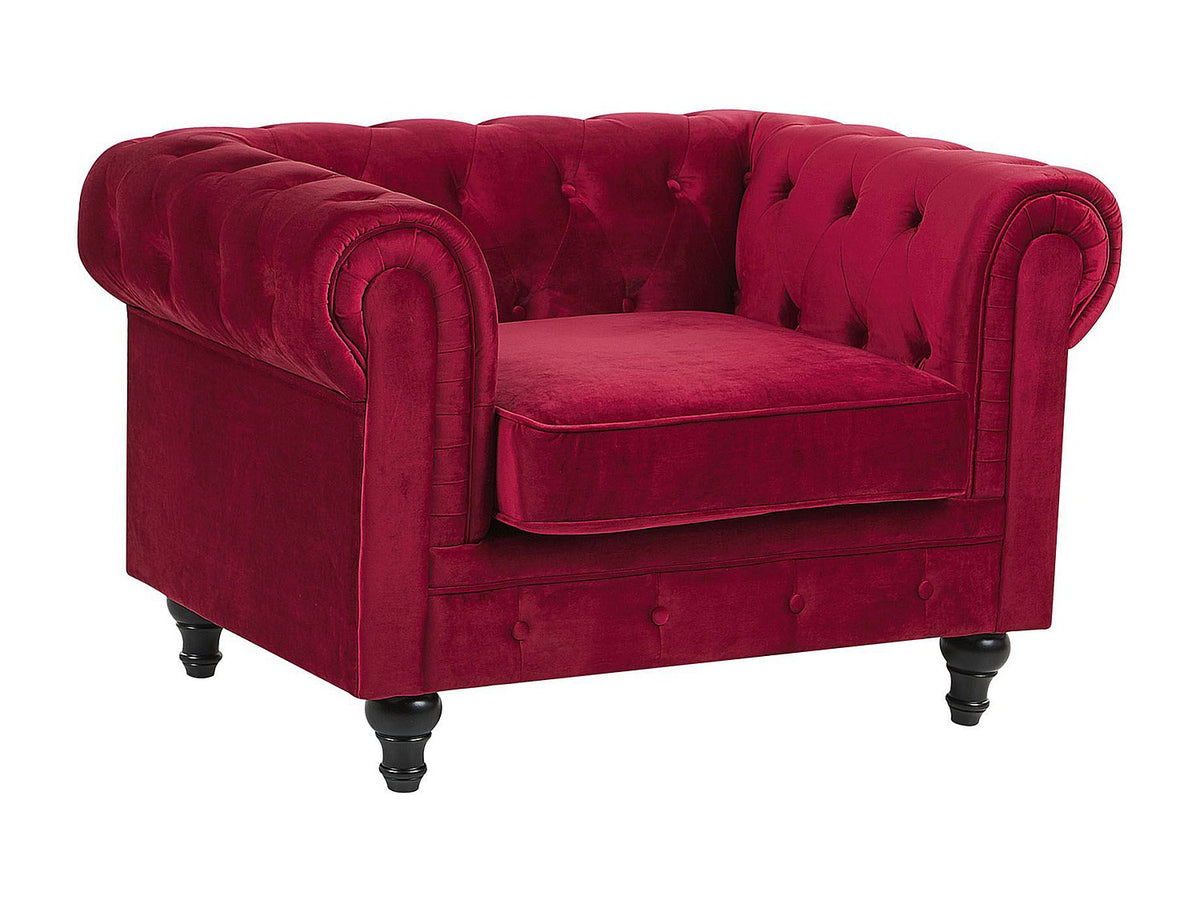 Capitonnage du fauteuil chesterfield OSWALD en velours rouge foncé