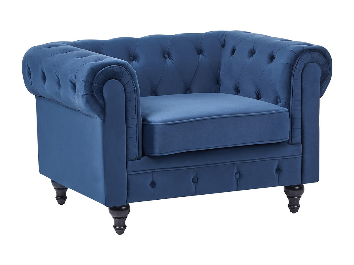 Capitonnage du fauteuil chesterfield ORWELL en velours bleu cobalt