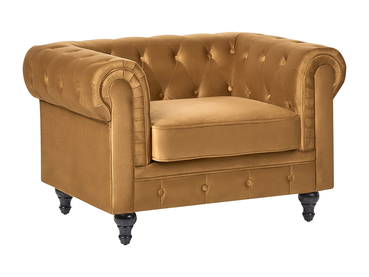 Capitonnage en losanges du fauteuil chesterfield HUXLEY jaune moutarde