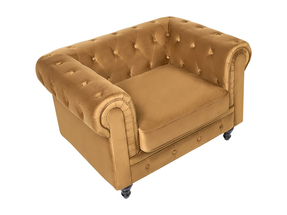 Fauteuil chesterfield HUXLEY vu de profil en velours doré