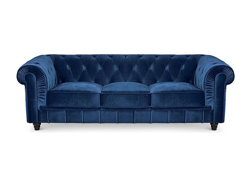 Capitonnage du grand canapé chesterfield WINDSOR 3 places velours bleu