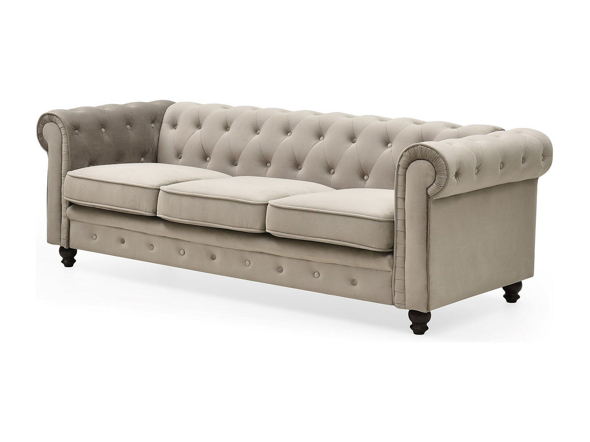 Vue d'ensemble du grand canapé chesterfield WINDSOR 3 places taupe