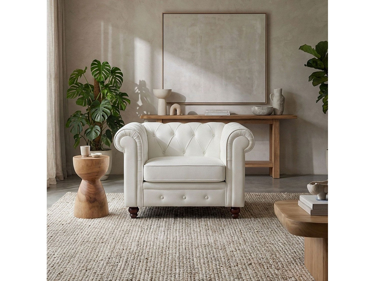 Vue d'ensemble du grand fauteuil chesterfield WINDSOR blanc