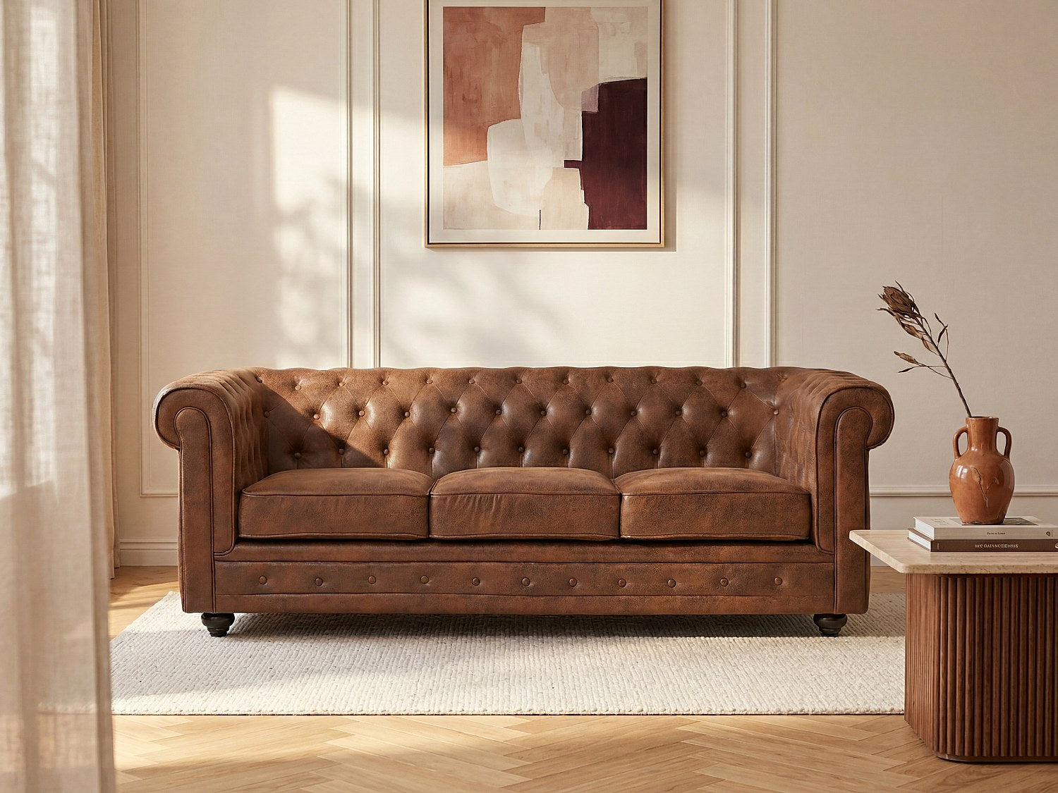 Canapé chesterfield 3 places en microfibre aspect cuir vieilli marron - CARLTON