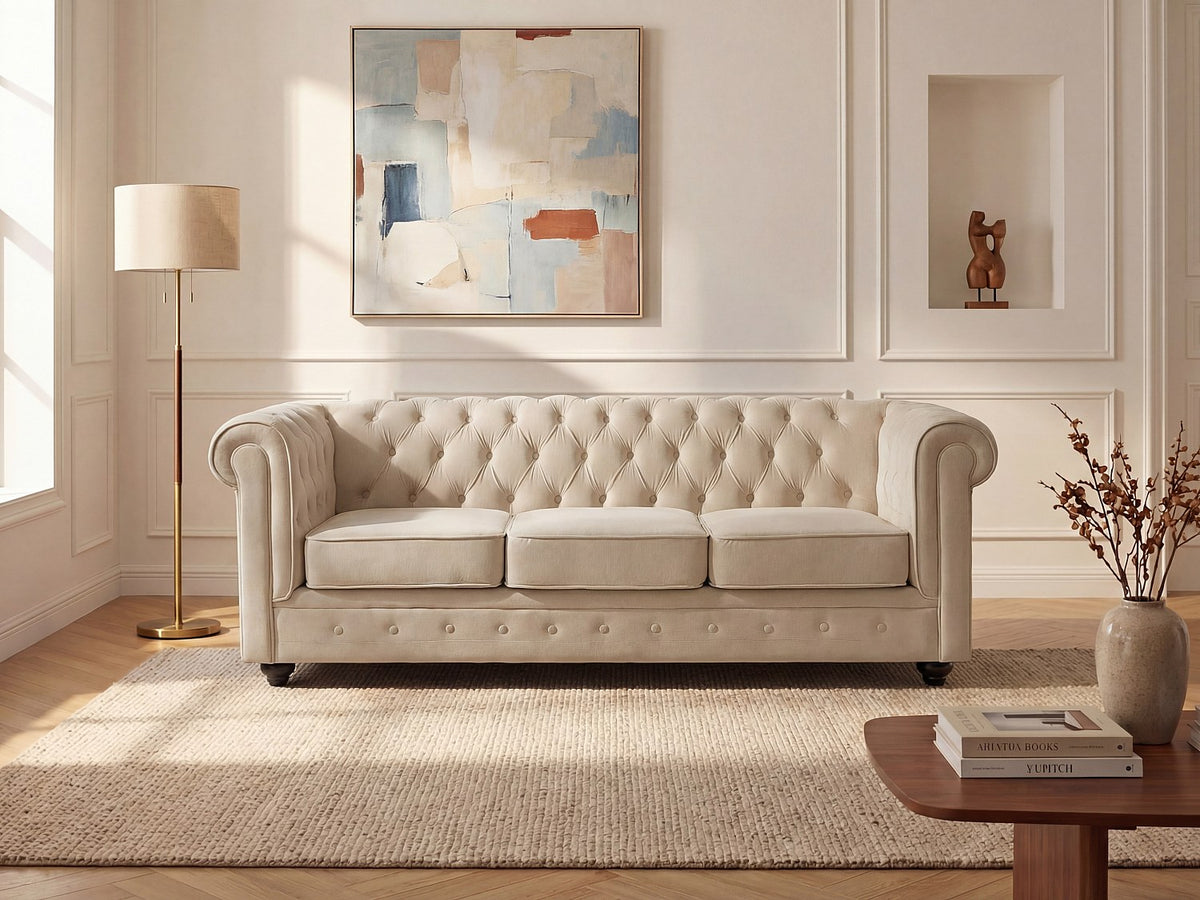 Canapé chesterfield 3 places en velours beige - NEWPORT