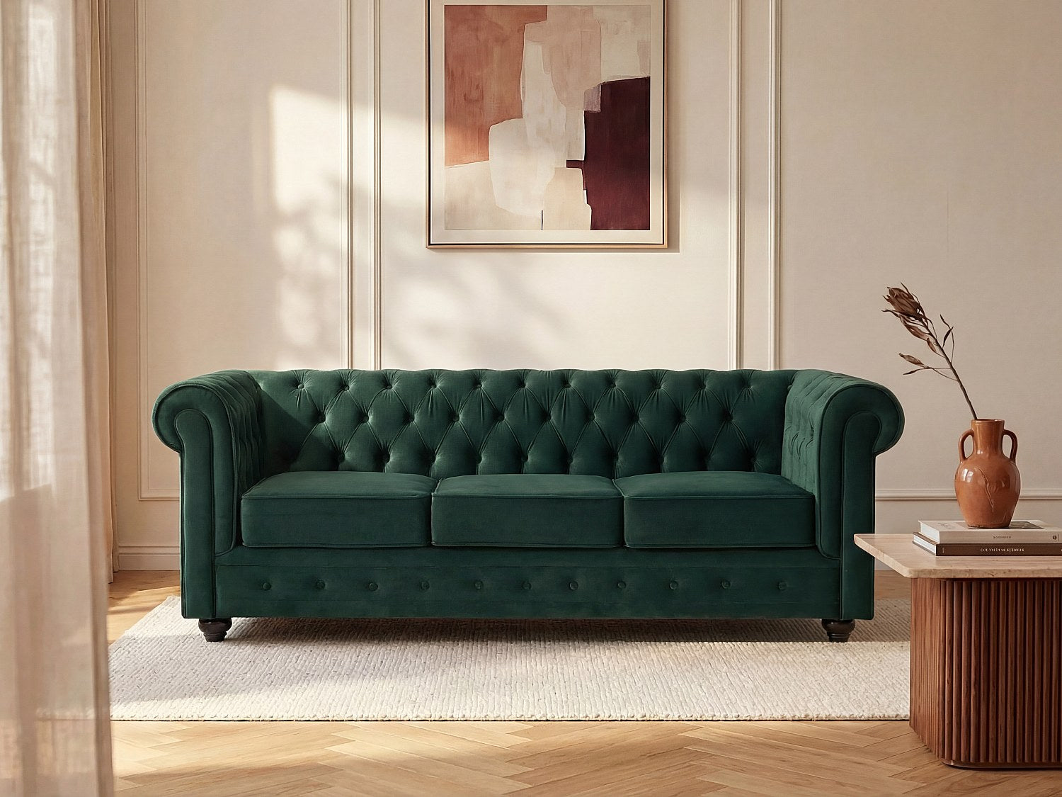 Canapé chesterfield 3 places en velours vert - AINSLEY