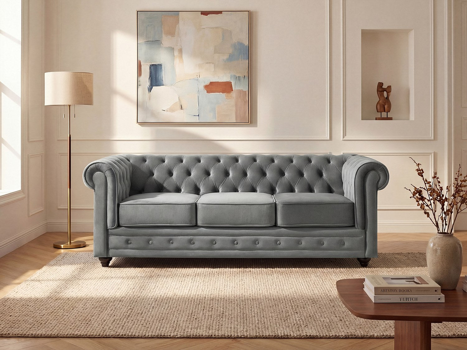Canapé chesterfield 3 places en velours gris clair - FULHAM
