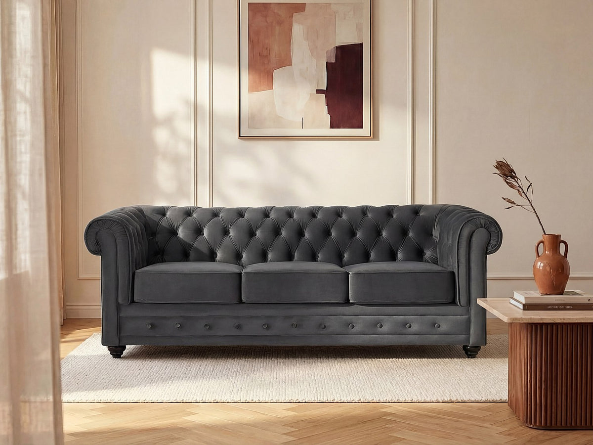 Canapé chesterfield 3 places en velours gris anthracite - GREENWICH