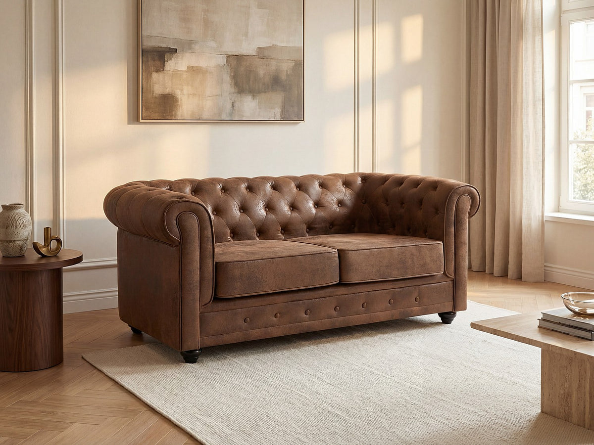Capitonnage du canapé chesterfield CARLTON 2 places microfibre vieillie marron