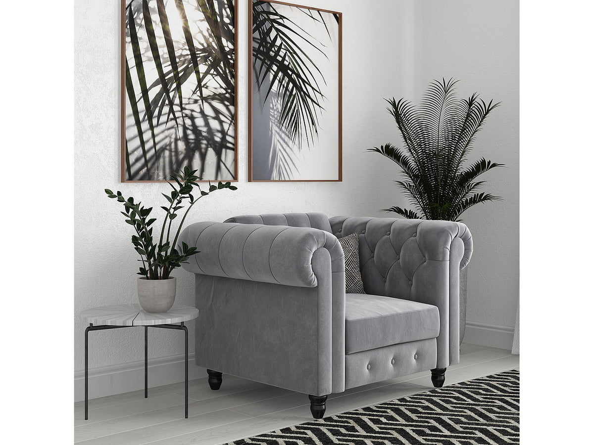 Capitonnage de la méridienne chesterfield FELIX en velours gris clair