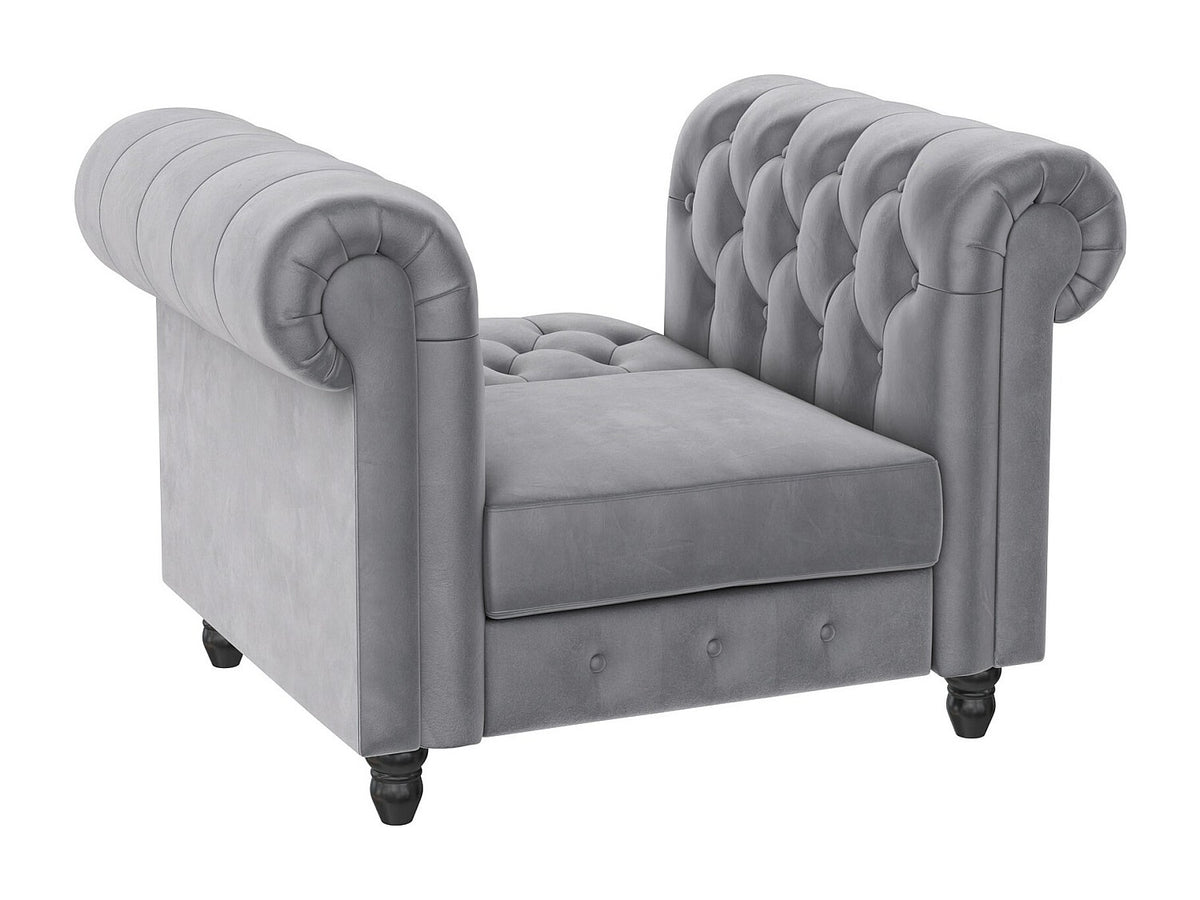 Détail du velours gris clair de la méridienne chesterfield FELIX