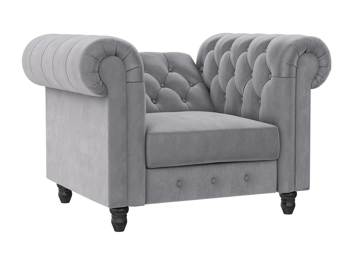 Méridienne chesterfield FELIX gris clair dans un salon feutré