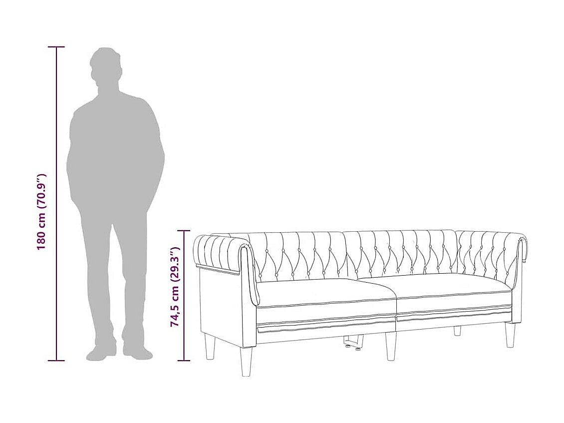 Vue d'ensemble du canapé chesterfield RALEIGH 3 places en tissu marron