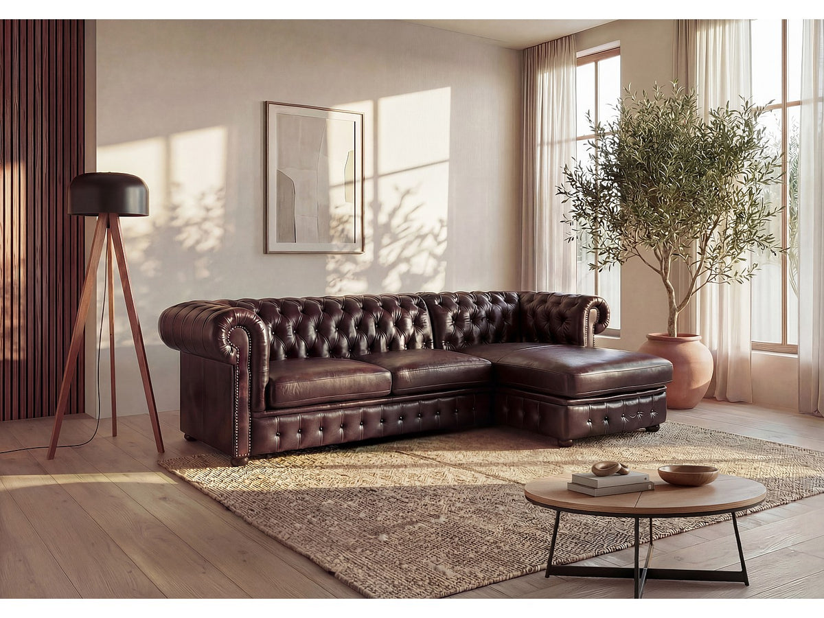 Canapé d'angle droit chesterfield 5 places en cuir de buffle marron chocolat - BRENTON