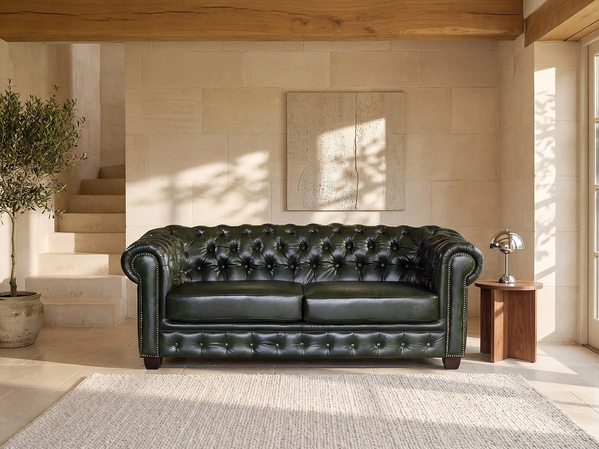 Canapé chesterfield 3 places en cuir de buffle vert sapin - BRENTON