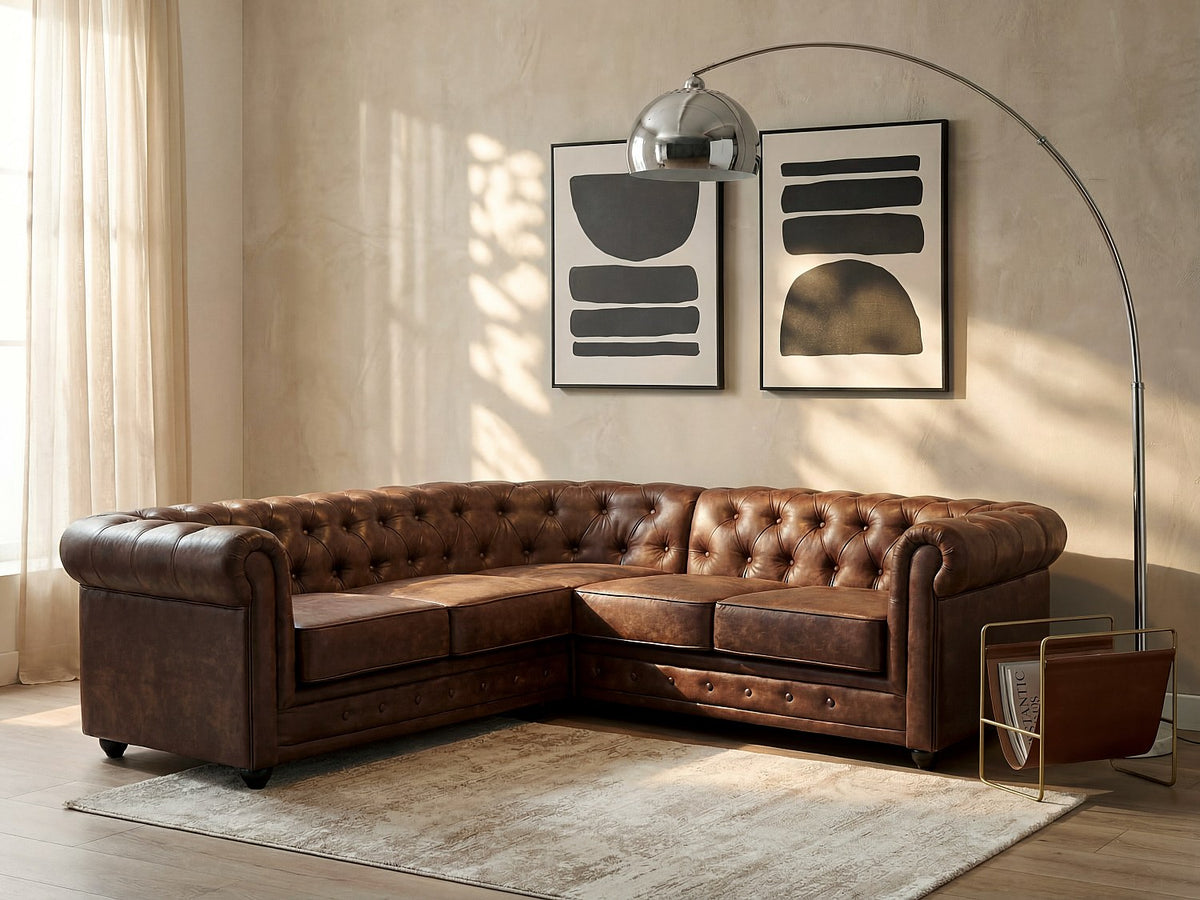 Canapé d'angle chesterfield 5 places en microfibre aspect cuir vieilli marron - CARLTON