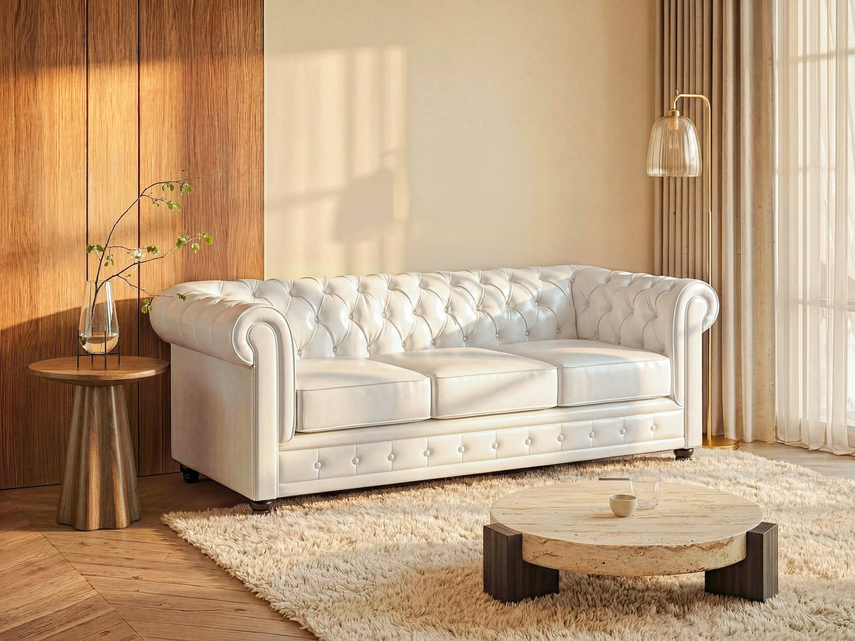 Capitonnage du canapé chesterfield IRVING 3 places simili blanc