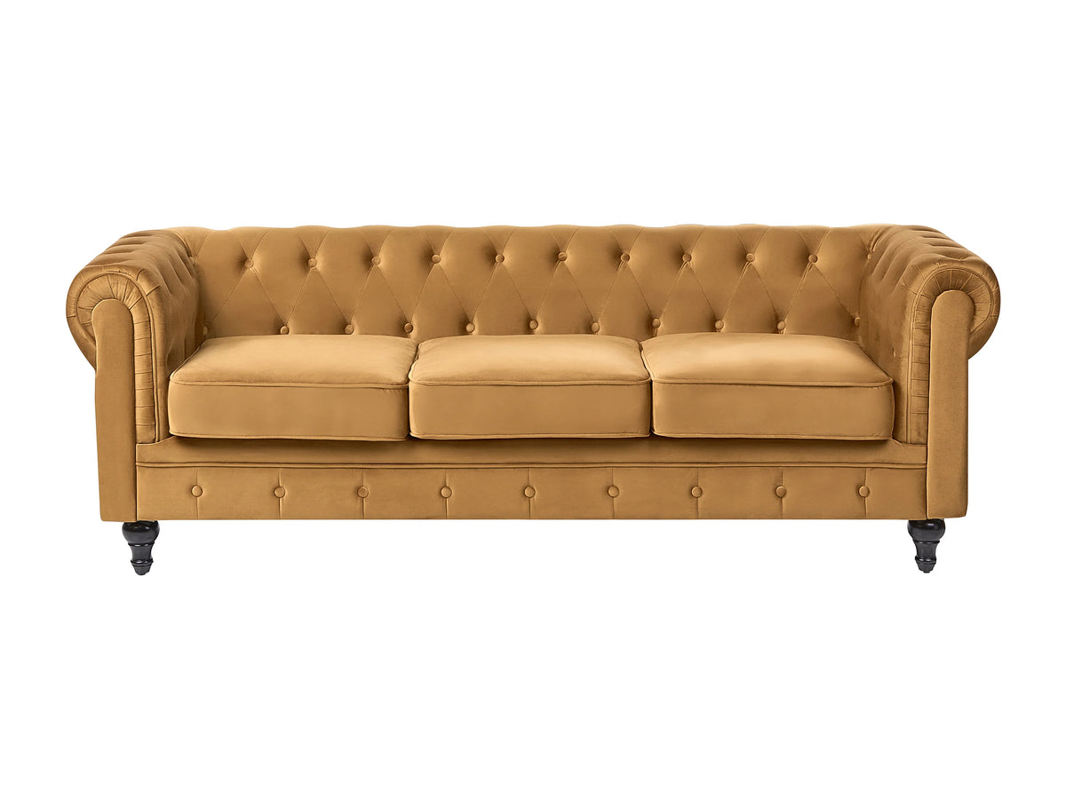 Vue d'ensemble du canapé chesterfield SALISBURY 3 places jaune moutarde