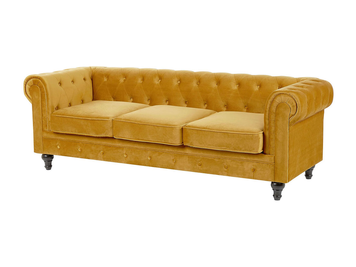 Capitonnage du canapé chesterfield SALISBURY 3 places velours moutarde