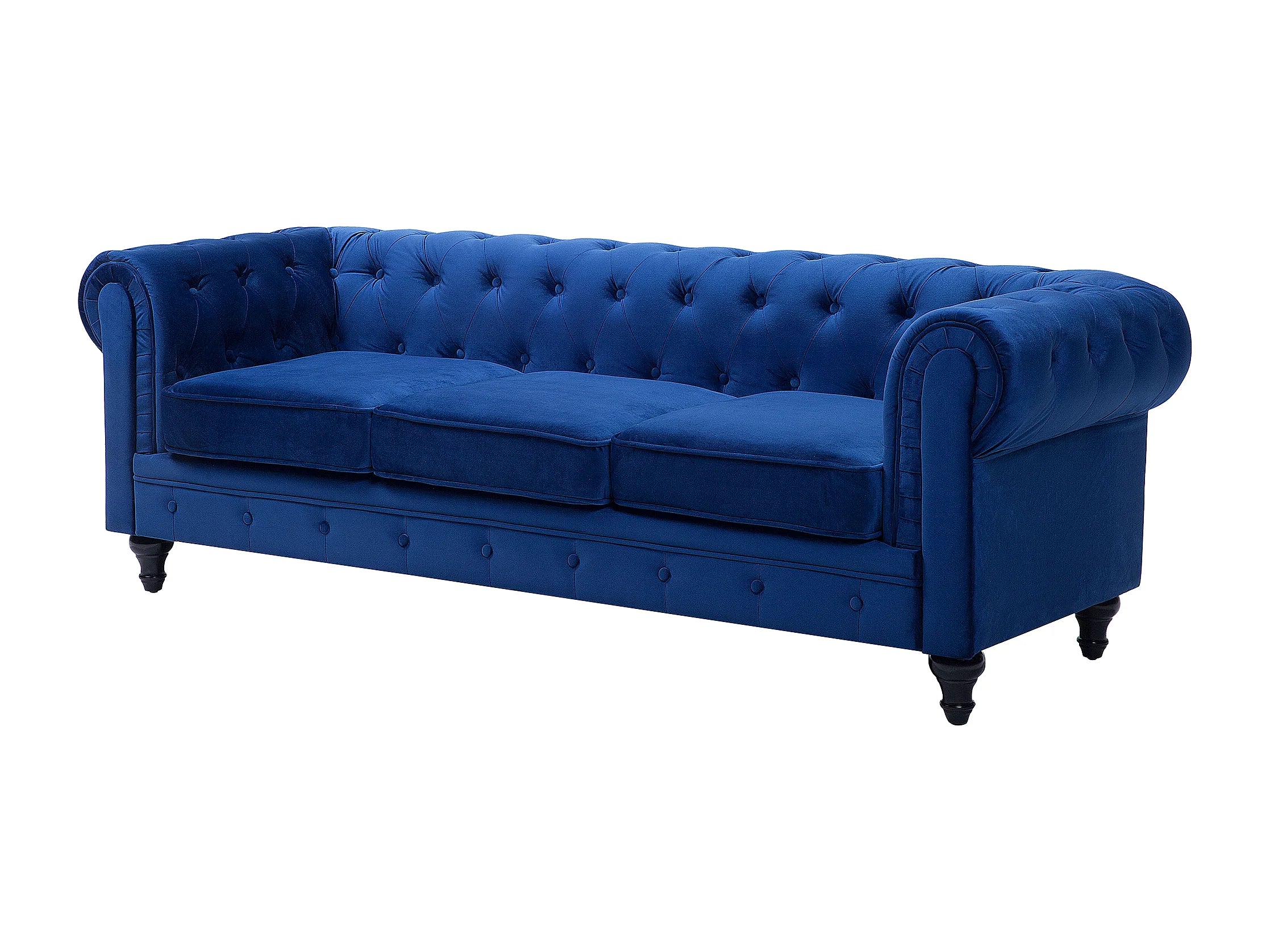 Capitonnage du canapé chesterfield ONSLOW 3 places en velours bleu cobalt
